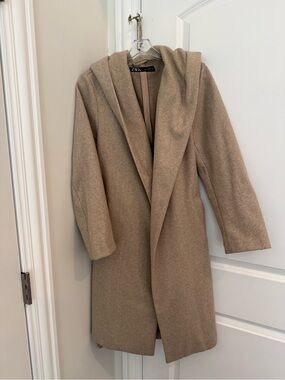 Zara Hooded Wool-Blend Trench Coat in Camel/Tan